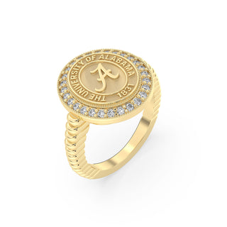 yellow Gold graduation class ring with 'The University of Alabama' emblem on a white background