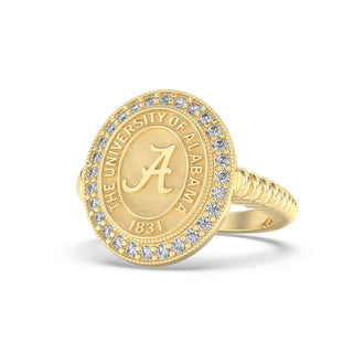 yellow Gold graduation class ring with 'The University of Alabama' emblem on a white background