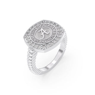 white gold graduation class ring with 'The University of Alabama' emblem on a white background