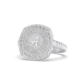 white gold graduation class ring with 'The University of Alabama' emblem on a white background