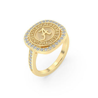 Yellow Gold graduation class ring with 'The University of Alabama' emblem and diamonds on a white background