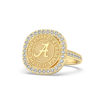 Yellow Gold graduation class ring with 'The University of Alabama' emblem and diamonds on a white background