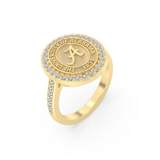 Yellow Gold graduation class ring with 'The University of Alabama' emblem and diamonds on a white background