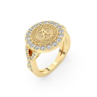 Yellow Gold ring graduation class ring with gemstones featuring the University of Alabama logo on a white background