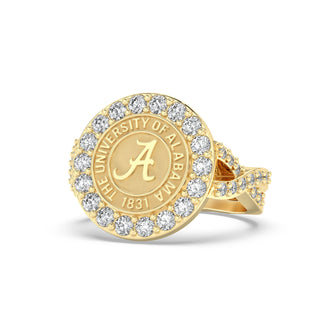Yellow Gold ring graduation class ring with gemstones featuring the University of Alabama logo on a white background