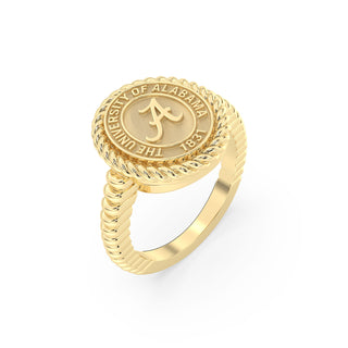 Yellow Gold graduation class ring with 'The University of Alabama' emblem on a white background