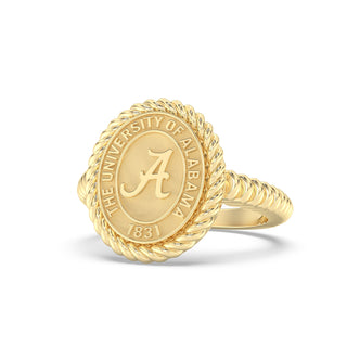 Yellow Gold graduation class ring with 'The University of Alabama' emblem on a white background
