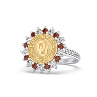 klahoma Class Ring with diamonds on band | San Jose Jewelers 245 Vida OU graduation ring with red and white diamonds