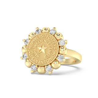 yellow gold ring with white stones featuring the University of Texas Health Science Center at San Antonio logo in yellow gold on a white background