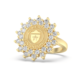 Gold class ring with diamond accents and 'UT Health San Antonio' seal on a white background