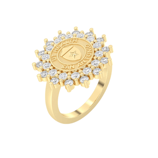 Gold class ring with diamond and UT Health San Antonio seal on a white background