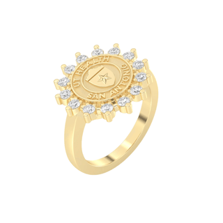 Gold university of texas san antonio health science center class ring with diamond accents on a white background