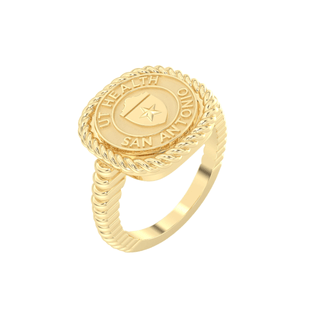 Gold class ring with UT Health San Antonio emblem on a white background