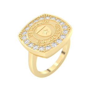 Gold class ring with 'UT Health San Antonio' seal and diamond accents on a white background