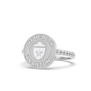 Silver ring with UT Health San Antonio logo on a white background