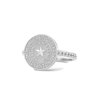 Silver ring with 'The University of Texas Health Science Center at San Antonio' emblem on a white background