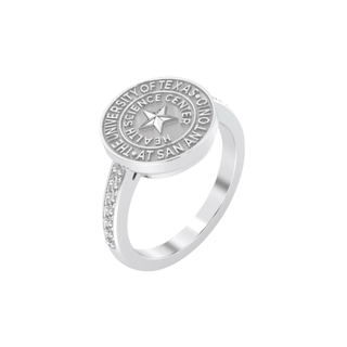 Silver ring with 'University of Texas at San Antonio' emblem on a white background