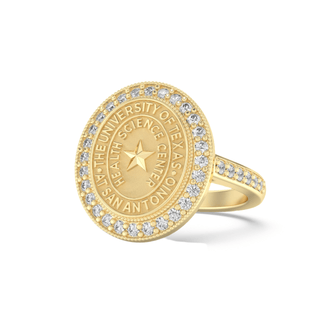 Gold class ring with gemstones featuring 'The University of Texas Health Science Center at San Antonio' on a yellow gold seal on a white background
