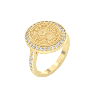 Gold class ring with a circular university of texas san antonio seal and diamond accents on a white background