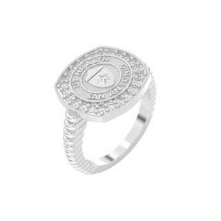 Silver class ring with 'UT Health San Antonio' seal on a white background