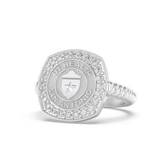 Silver class ring with 'UT Health San Antonio' seal on a white background