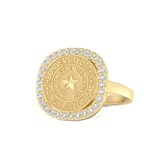 Gold class ring with white tones featuring 'The University of Texas Health Science Center at San Antonio' seal on a white background