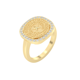 Gold class ring with a university of texas health science center san antonio seal and white stone accents on a white background