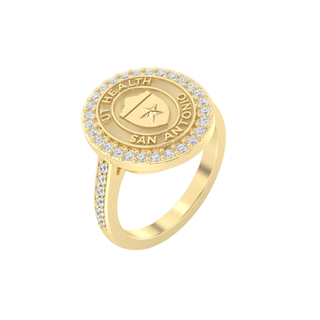 Gold class ring with 'UT Health San Antonio' shield seal on a white background