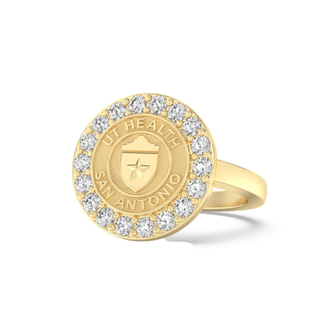 Gold class ring with 'UT Health San Antonio' shield seal on a white background
