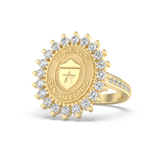 Gold ring with diamond accents featuring 'UT Health San Antonio' on a white background