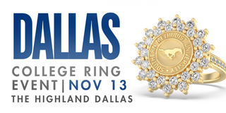 Gold SMU ring announcing the Dallas college ring event on November 13 at The Highland Dallas