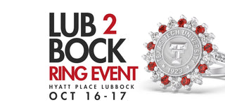 Texas Tech ring with red and clear stones announcing the October 16–17 ring event at Hyatt Place Lubbock
