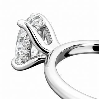 A shot of a engagement white gold ring setting with a hidden halo of diamonds