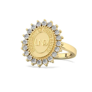 Customizable University of North Dakota Class ring | Gold ring with diamond accents featuring the University of North Dakota logo on a white background
