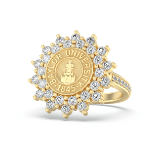 TRADITIONAL GRADUATION CLASS RING IN YELLOW Gold with Baylor University PAT NEFF emblem and diamonds on a white background