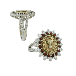 Two class rings, one with a Texas Tech University emblem and the other with a diamond-studded band, on a white background.