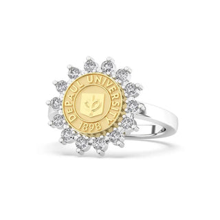Customizable DePaul University Class Ring | Gold and silver ring with 'DePaul University 1898' on a white background