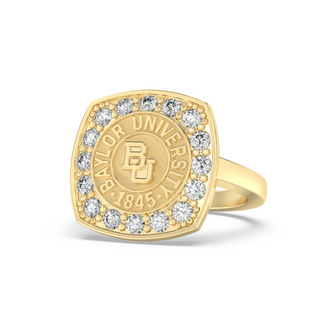 Traditional yellow Gold class ring with Baylor University BU seal and diamonds on a white background