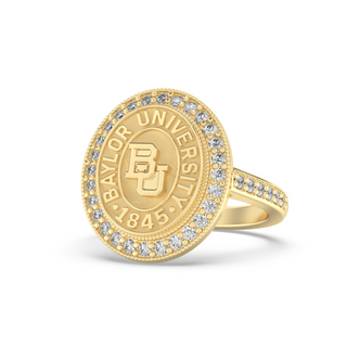 Traditional yellow Gold ring with Baylor University bu seal and diamonds on a white background