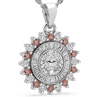 Silver pendant with 'Southwest Texas State University' text on a white background | SWT | Necklace