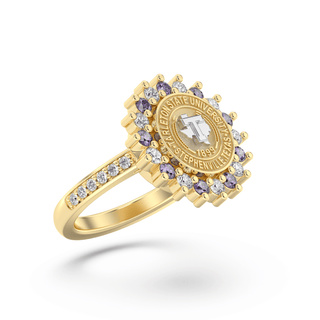 Customizable Tarleton State University Class Ring | Gold ring with purple gemstones and a central white gold emblem on a yellow gold seal