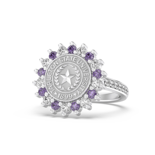 Customizable Tarleton State University class Ring | Silver ring with purple gemstones and a central emblem on a white background