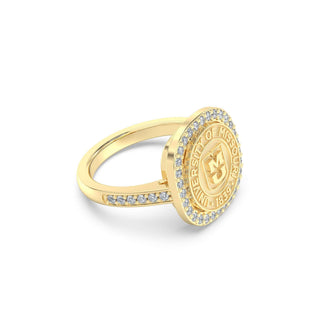 247 Milestone Mizzou Class Ring | Gold ring with a university emblem and diamond accents on a white background