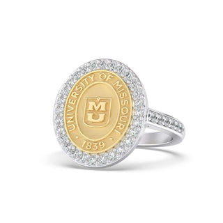 249 Eternity Mizzou Class Ring | Gold and silver ring with 'University of Missouri' emblem on a white background
