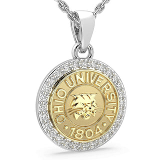 249 Eternity OU Necklace | Ohio University with gold seal and halo of stones, a luxurious custom piece.