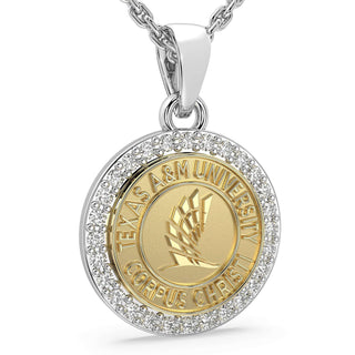 249 Eternity TAMUCC Necklace | Texas A&M Corpus Christi featuring a halo of stones around the university seal.
