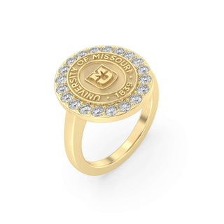 250 Triumph Mizzou Class Ring | Gold ring with University of Missouri emblem and gemstones on a white background