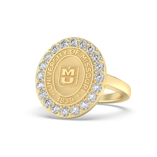 250 Triumph Mizzou Class Ring | Gold ring with 'University of Missouri' emblem and diamonds on a white background
