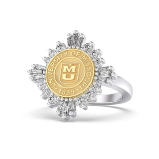 310 Glory Mizzou Class Ring | Gold and silver ring with University of Mississippi emblem on a white background