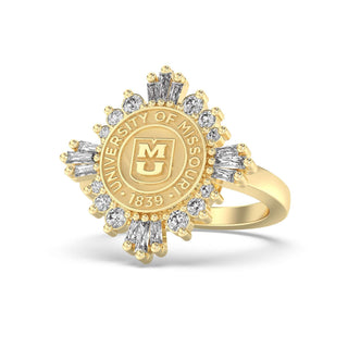 310 Glory Mizzou Class Ring | Gold ring with diamond accents featuring the University of Missouri crest on a white background